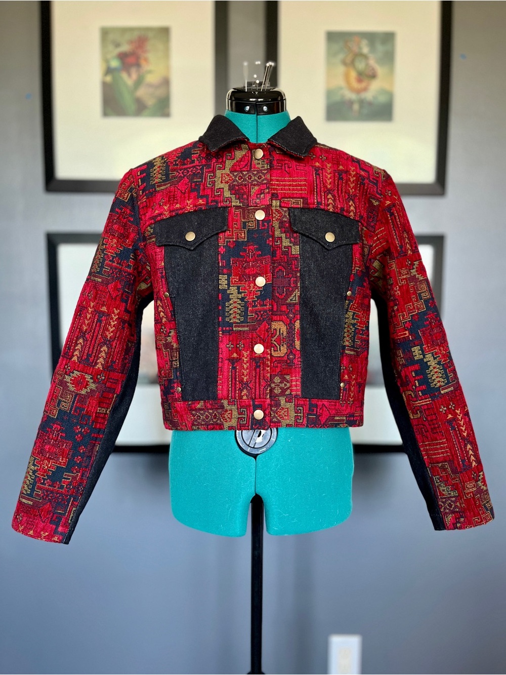 Handcrafted jean-style jacket, upcycled from secondhand denim/upholstery fabric